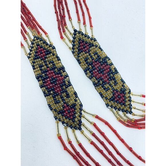 Russian Necklace Carpathian Seed Bead Indigenous Caucus Art Vintage Handmade Red